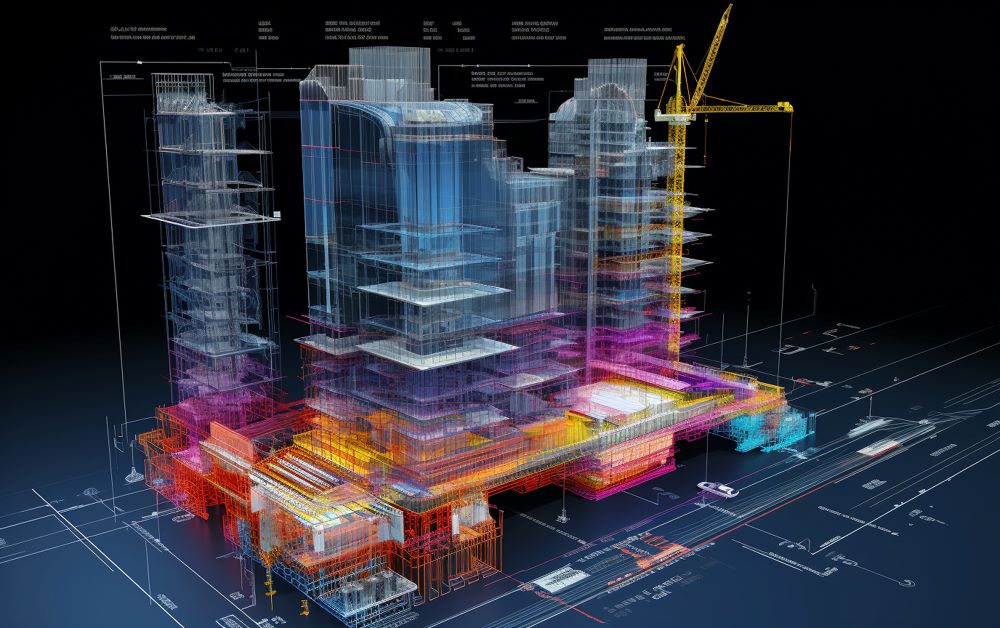 Modelo BIM 3D de empreendimento multidisciplinar mostrando estrutura, instalações e sistemas integrados com diferentes cores (azul, roxo, laranja e amarelo), incluindo guindaste de construção, visualizado em ambiente digital de coordenação e compatibilização de projetos
