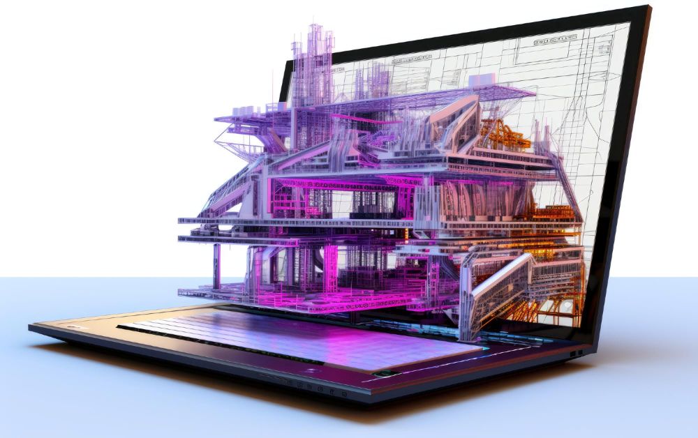 Modelo BIM 3D multidisciplinar em cores roxo, magenta e laranja exibido em tela de laptop, mostrando integração de arquitetura, estrutura e instalações em projeto de edifício residencial com detalhamento técnico completo