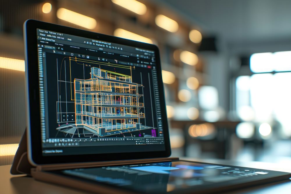 Profissional de arquitetura trabalhando com modelo BIM em Revit em tela de computador, visualizando projeto tridimensional detalhado com cores em amarelo e azul, representando a visualização integrada de múltiplas disciplinas em ambiente de trabalho moderno.