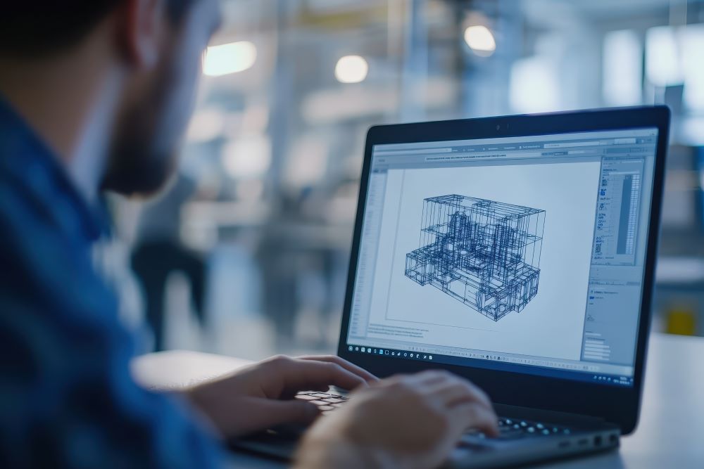 Profissional trabalha em notebook com modelo estrutural 3D na tela, representando metodologia bim aplicada ao desenvolvimento de projetos.