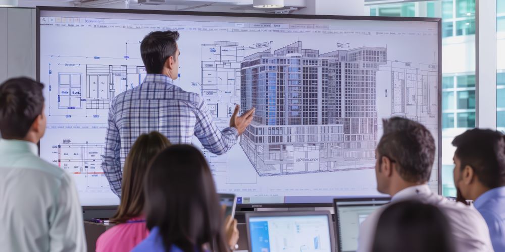 Equipe multidisciplinar em reunião de coordenação de projeto executivo BIM, com modelo 3D de edifício e plantas técnicas exibidos em tela grande.