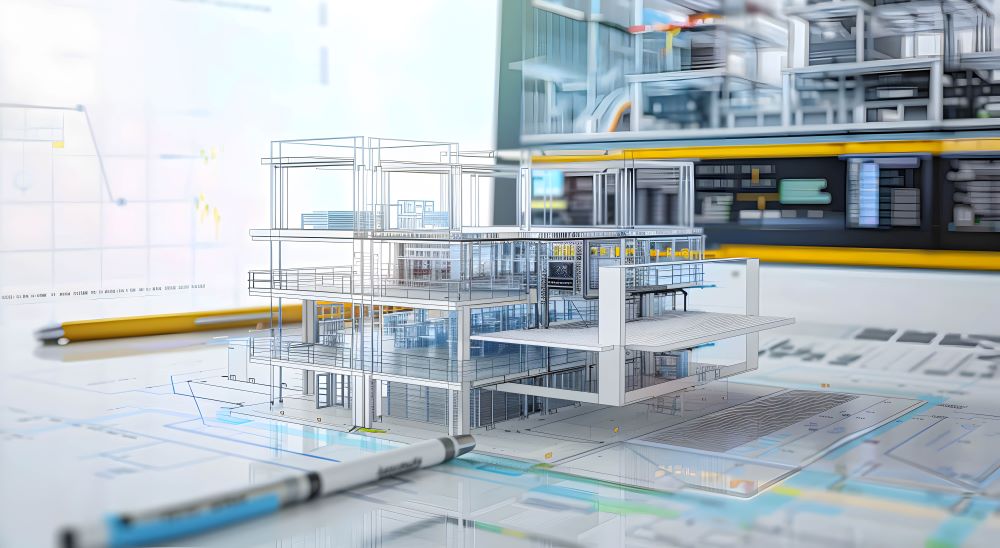 Modelo 3D detalhado de edifício sobre plantas técnicas e tela digital ao fundo, representando software bim na modelagem da construção.
