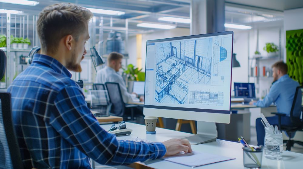 Coordenador BIM analisa projeto arquitetônico digital em computador em escritório moderno, com equipe trabalhando ao fundo.