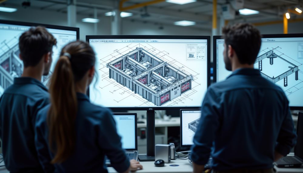 Equipe de profissionais analisa modelo técnico 3D em monitores em ambiente de trabalho BIM.