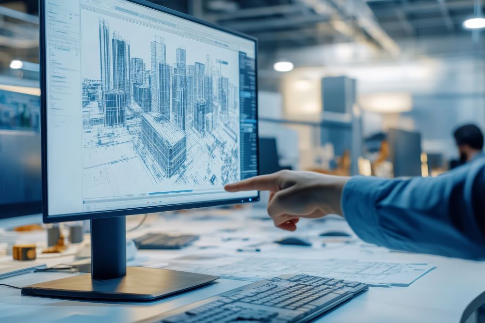 Profissional aponta para modelo digital de cidade em monitor, analisando projeto em contexto de implementação BIM.