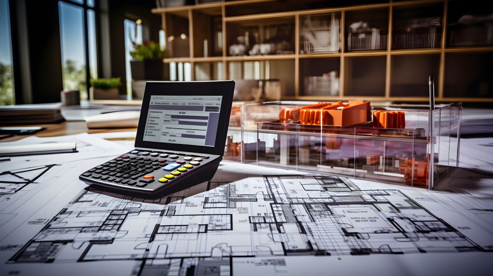 Calculadora sobre plantas arquitetônicas ao lado de maquete, representando orçamento de obra com BIM.