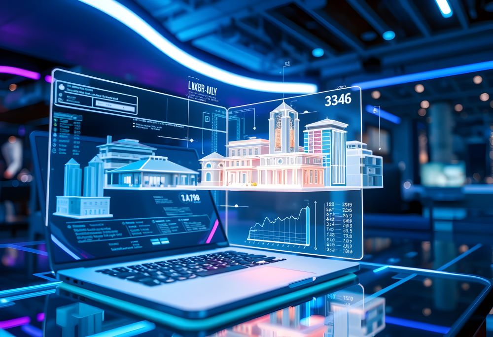 Notebook com modelo digital de edifícios e gráficos ilustrando análise de ROI do BIM em projetos de construção.